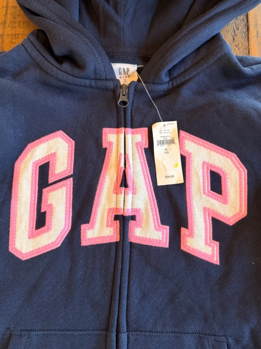 GAP Kids Girls Logo Zip Hoodie Navy Pink XL 12 Sweatshirt NWT
